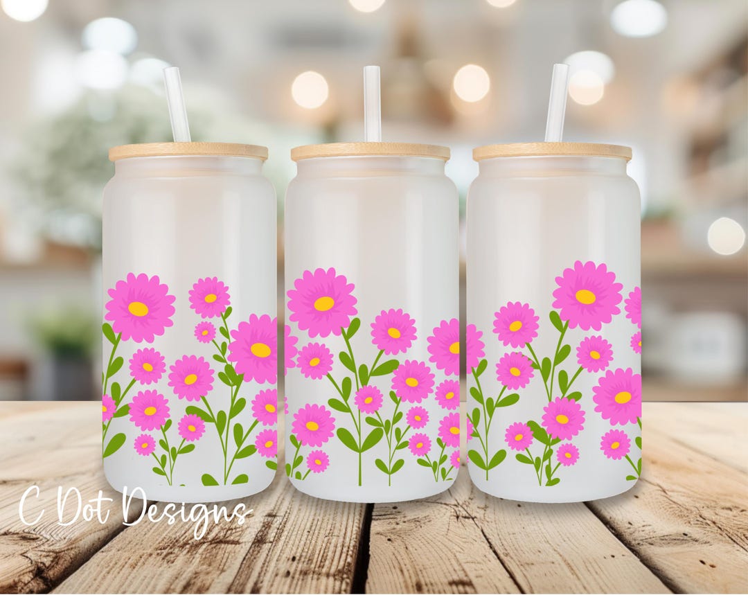 Pink Daisy Border UV DTF Wrap - 16oz Glass Can | Permanent Transfer ...