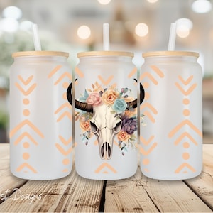 Boho Bull Skull UV DTF Ready to Transfer Wrap, 16oz Glass Can, Permanent Transfer, Ready to Ship