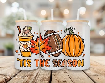 Tis the Season Fall Football - Fall UV DTF Transfer Wrap - 16oz Glass Can | Permanent Transfer | Coffee Mug | Snow Globe Tumbler Wrap (F004)