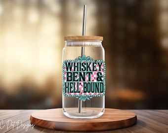 May include: A clear glass tumbler with a wooden lid and a straw. The tumbler has a pink and white checkered design with the text "Whiskey Bent & Hell Bound" in black.