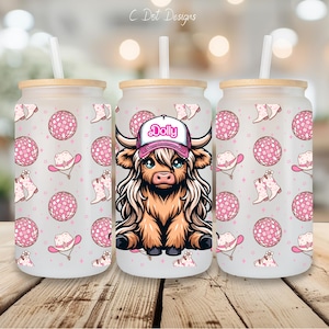 Highland Cow Disco & Boots UV DTF Ready to Transfer Wrap, 16oz Glass Can, Permanent Transfer, Ready to Ship (116)