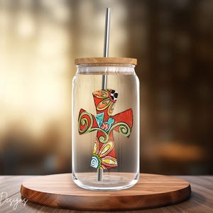 Whimsical Cross UV DTF Ready to Transfer Decal, 16oz Glass Can, Permanent Transfer, Ready to Ship