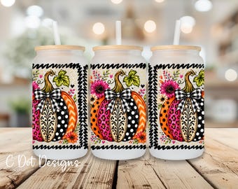 Striped floral pumpkins - Halloween UV DTF Wrap - 16oz Glass Can | Permanent Transfer | Coffee Mug | Snow Globe Tumbler Wrap