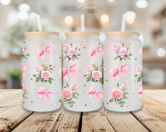 Pink Roses & Bows - UV DTF Wrap - 16oz Glass Can | Coffee Mug | Snow Globe Tumbler Wrap | Baby Shower | Wedding Shower (W090)