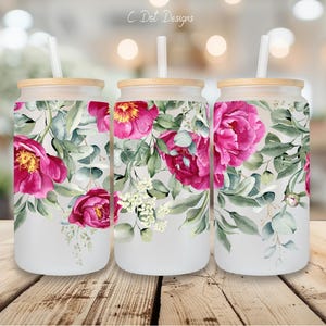 Hot Pink Flowers Top Border UV DTF Ready to Transfer Wrap, 16oz Glass Can, Permanent Transfer, Ready to Ship