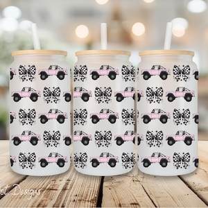 Pink Bronco Checkered Bows UV DTF Wrap - 16oz Glass Can | Permanent Transfer | Coffee Mug | Snow Globe Tumbler Wrap