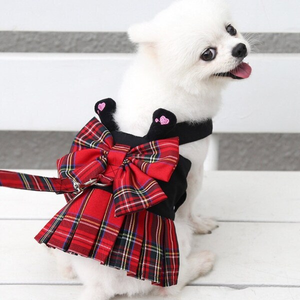 Lovely Plaid Harness + Leash Set for Dogs & Cats | Plaid Dress Butterfly Bow Tie Comfortable Cute Collar Outfit for Pets, Gift for Pets