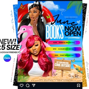 Könnte beinhalten: Werbegrafik für ein Haarstudio mit zwei Frauen, die Perücken-Styles präsentieren. Der Text lautet "June Books Now Open" mit Servicepreisen. Das Design beinhaltet einen Flamingo, Schmetterlinge und Strandelemente. Instagram-Grafik.