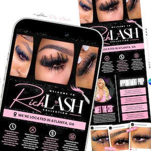 May include: A digital marketing flyer for Rich Lash Collection featuring close-up photography of long, dark eyelashes. The design uses a black and pink color scheme with text including Welcome to Rich Lash Collection and Located in Atlanta, GA.