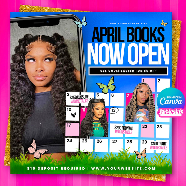 April Booking Flyer, Easter April Hair Makeup MUA Lashes Locs Braids Wigs Esthetician Nails Flyer, April 2024 Calendar, April Books Are Open