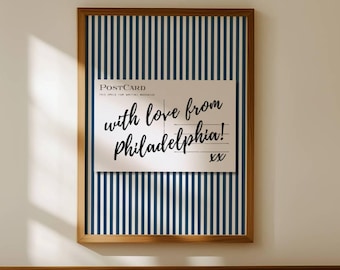 Philadelphia Wall Art Trending Wall Art Postcard Print Retro Philly Postcard Print Blue and White Striped Print Aesthetic Above Bed Art