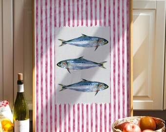 Watercolor Fish Print, Coastal Kitchen Art, Nautical Wall Decor, Digital Download, Beach House Printable, Vintage Seafood Poster