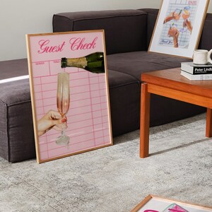 GUEST CHECK Champagne Printable|Trendy Kitchen Art| Alcohol Poster| Bar Cart Print |Retro Guest Check Print|Preppy Pink Cocktail Print