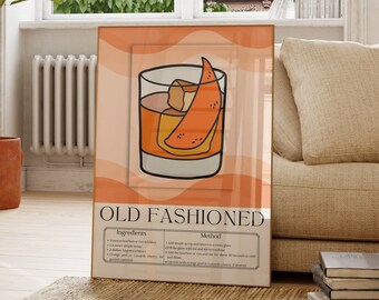 Ouderwetse cocktailprint, trendy retro keukenmuurkunst, alcoholkunst aan de muur, Bart Cart Decor, eetkamerprint, print schattige keukendrankjes, print print