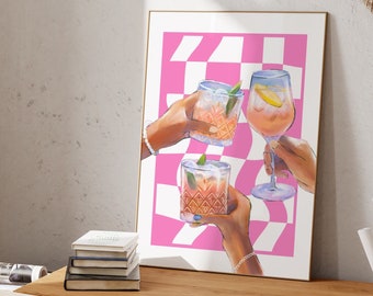 Funky CHEERS Pink Cocktail Printable| Trendy  Kitchen Art| Alcohol Poster| Checkered Pink Print |Colorful Drinks Print|Preppy Cocktail Print