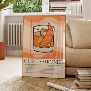 OLD FASHIONED Cocktail Print| Trendy Modern Kitchen Wall Art| Alcohol Wall Art| Bart Cart Accessory| Digital Download| Drinking Poster