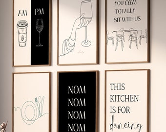 KITCHEN Print Set of 6 PRINTABLES , Minimal Kitchen Wall Art, Dining Room Posters, Modern Kitchen Decor, Trendy Kitchen Prints, Digital