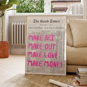 Trendy Typography Print, Vintage Poster, Black and White Wall Art, Retro Aesthetic Print, Trendy Newspaper Print, Make Love Make Money Print