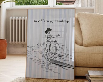 Surf's Up Cowboy Print - Vintage Western Wall Art & Surfing Poster, Retro Room Decor, Blue Coastal Art for Aesthetic Rooms