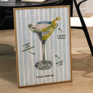 Sztuka ścienna Martini - niebieska pastelowa sztuka ścienna w paski, wydruki na wózki barowe Blue Martini, wydruki na bary przybrzeżne, sztuka barowa, pobieranie cyfrowe