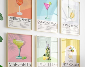 Trendy Cocktail Print Set of 6 Prints, Gallery Wall Bar Cart Decor, Aperol Spritz Poster, Set of Drink Recipe Prints, Funky Set of Cocktails