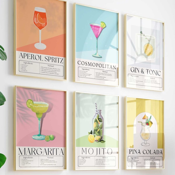 Trendy Cocktail Print Set of 6 Prints, Gallery Wall Bar Cart Decor, Aperol Spritz Poster, Set of Drink Recipe Prints, Funky Set of Cocktails