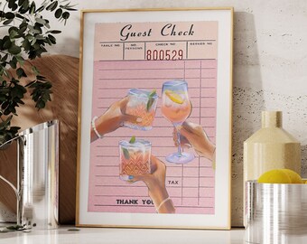 Prost Gast Check Cocktail Print-Trendy Küchenkunst Alkohol Poster Bar Warenkorb Print Retro Gast Check Print Preppy Pink Küche Printable