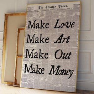 Trendy Typography Print, Vintage Poster, Black and White Wall Art, Retro Aesthetic Print, Trendy Newspaper Print, Make Love Make Money Print