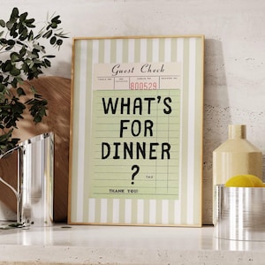 Gast check What's For Dinner poster, retro keuken muurkunst, groene strepen leuke eetkamer print, trendy food art, barwagen decor, digitaal