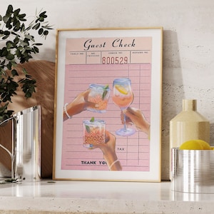 Cheers Guest Check Cocktail Print-Trendy Kitchen Art Alcohol Poster Bar Cart Print Retro Guest Check Print Preppy Pink Kitchen Printable