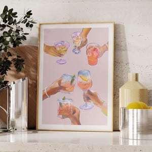 Impresión de cócteles con carrito de bar "Cheers": arte de cocina moderno, póster de alcohol, impresión de carrito de bar, impresión de bebidas retro, impresión de cocina rosa preppy imprimible