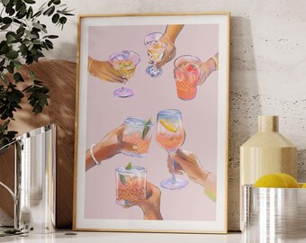 Cheers Bar Cart Cocktail Print-Trendy Kitchen Art Alcohol Poster Bar Cart Print Retro Drinks Print Preppy Pink Kitchen Printable