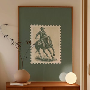 Vintage Western Schlafzimmer Poster Cowboy Salbei grün Rodeo Wand Kunst Rustikal Mid West Mid Century Modern Decor Retro Pferdeästhetischer Druck