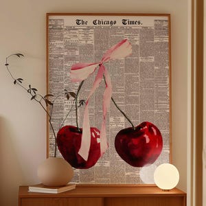 Watercolor Pink Trendy Wall Art Newspaper Print Cherries Bow Print Girls Dorm Room Decor Pink Bow Coquette Poster Girly Wall Art Digital