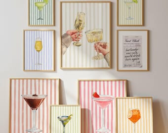 Trendy Striped Cocktail Print Set of 9 Prints Gallery Wall Bar Cart Decor Aperol Spritz Poster Set of Drinks Prints Funky Kitchen Printables