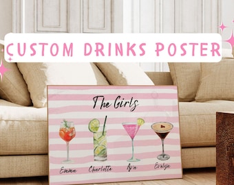 Personalized Drinks Poster - Digital Download - Custom Bar Cart Wall Print, Roommate Drink Poster, Roomie Dorm Decor, Trendy Cocktail Poster