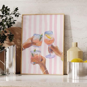Trendy Bar Cart Print Pink Cheers Print Bar Cart Decor Retro Kitchen Wall Art Bar Cart Art Trendy Wall Art Drinks Print, Printable Wall Art