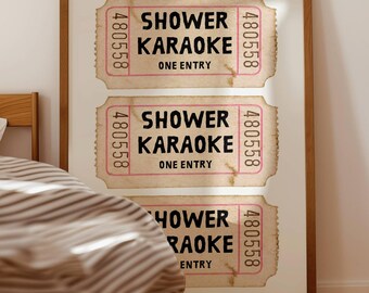 Shower Karaoke Ticket Print Bathroom Retro Black Cream Aesthetic Shower Singing Funny Wall Art Vintage Trendy Home Decor Digital Download