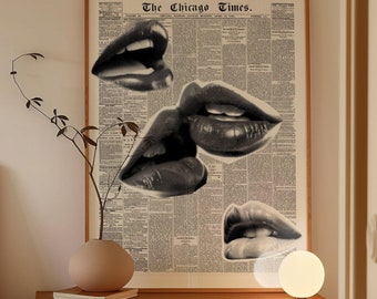 Póster de labios negros, arte de pared en blanco y negro, impresión estética retro, impresión de periódico de moda, impresión de labios besados, decoración de habitación oscura y coqueta, digital