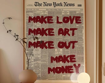 Impresión "Hacer el amor, hacer arte, besarse, hacer dinero", impresión tipográfica retro, impresión con cita de mediados de siglo, póster de exposición, impresión en rojo fresco, digital