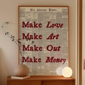 Make Love Make Art Make Out Make Money Print, Retro Typography Print, Mid Century Quote Print, Exhibition Poster, Cool Red Print, Digital