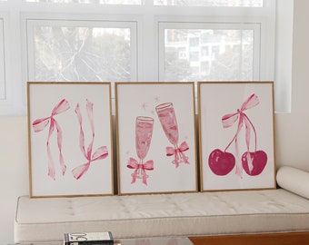 Coquette Room Decor, Balletcore Wall Art, Watercolor Bow Print, Pink Bow Wall Art, Pastel Pink Ribbon Bow Cherry Art Print, Set of 3 Prints