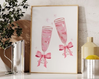 Coquette Champagne Cheers Print-Trendy Coquette Kitchen Poster Pink Bow Alcohol Poster Girly Bar Cart Print Preppy Cocktail Printable