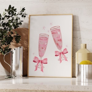 Coquette Champagne Cheers Print - Póster de cocina de moda Coquette Póster de alcohol con lazo rosa Impresión de carrito de bar femenino Cóctel preppy imprimible