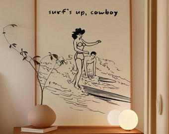 Surf's Up Cowboy Print Coastal Cowgirl Print Retro Coastal Wall Art Trendy Coastal Art Print Surfing Poster, Beach House Decor Digital Print