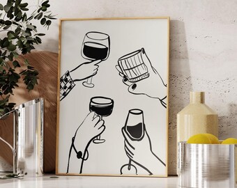 Cheers Drinks Wall Art, Trendy Kitchen Poster, Minimalist Drinks Print, Bar Cart Print, Retro Kitchen Print,   Kitchen Decor, Digital