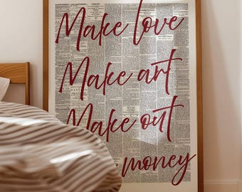 Impresión "Hacer el amor, hacer arte, besarse, hacer dinero", impresión tipográfica retro, impresión con cita de mediados de siglo, póster de exposición, impresión en rojo fresco, digital