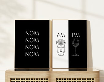 Black&White Kitchen print set of 2 | Wine Poster | Coffe Print | Nom nom Printable | Kitchen Wall Decor | Kitchen Dining Prints | Digital