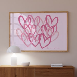 Arte de pared con corazones rosas, estampado horizontal preppy femenino, estampado de corazones rosas, corazones de amor, arte de pared moderno, estampado de amor, paisaje rosa imprimible