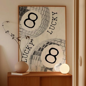 Lucky 8 Ball Print Retro Disco Ball Wall Art Funky Aesthetic Print Dorm Room Decor Cool Black & White Wall Art Bar Cart Print Lucky Digital
